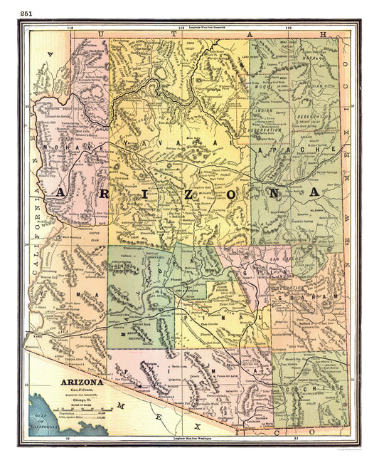 Historic State Map - Arizona - Johnson 1888 - 23 x 28.03 - Vintage Wall Art