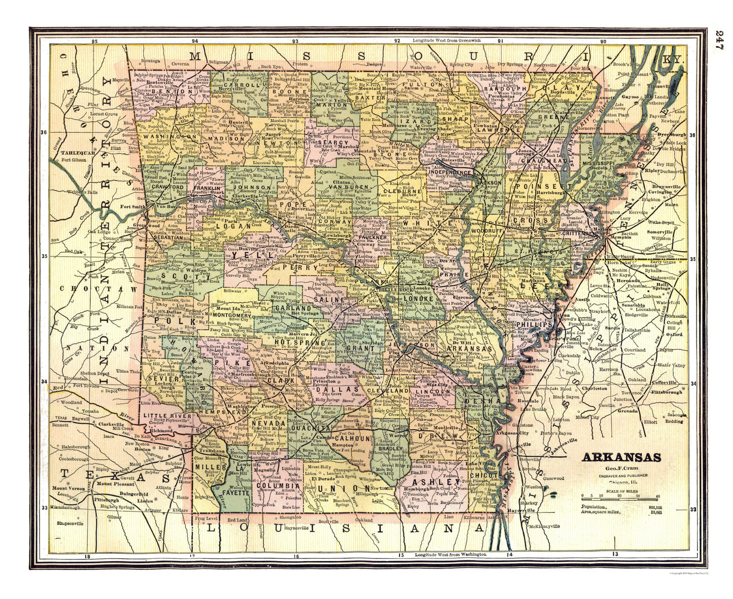 Historic State Map - Arkansas - Johnson 1888 - 28.13 x 23 - Vintage Wall Art