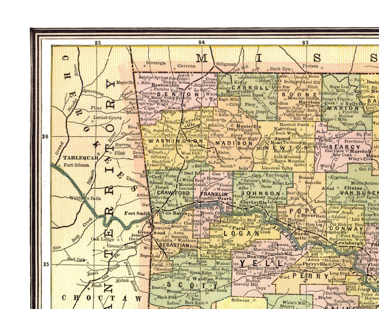 Historic State Map - Arkansas - Johnson 1888 - 28.13 x 23 - Vintage Wall Art