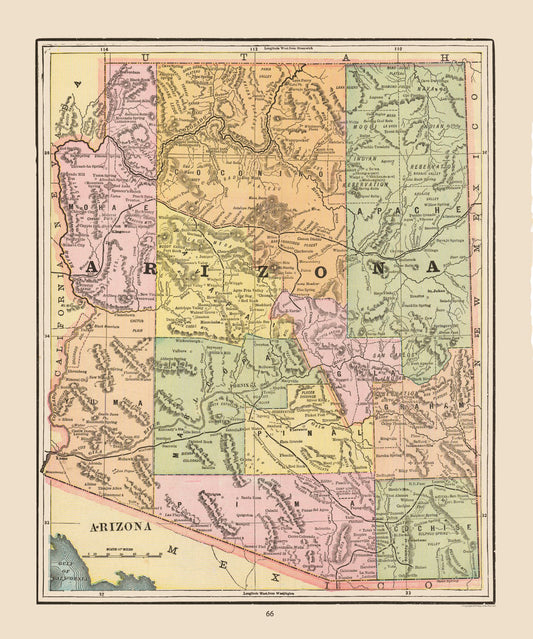 Historic State Map - Arizona - Cram 1892 - 23 x 27.57 - Vintage Wall Art