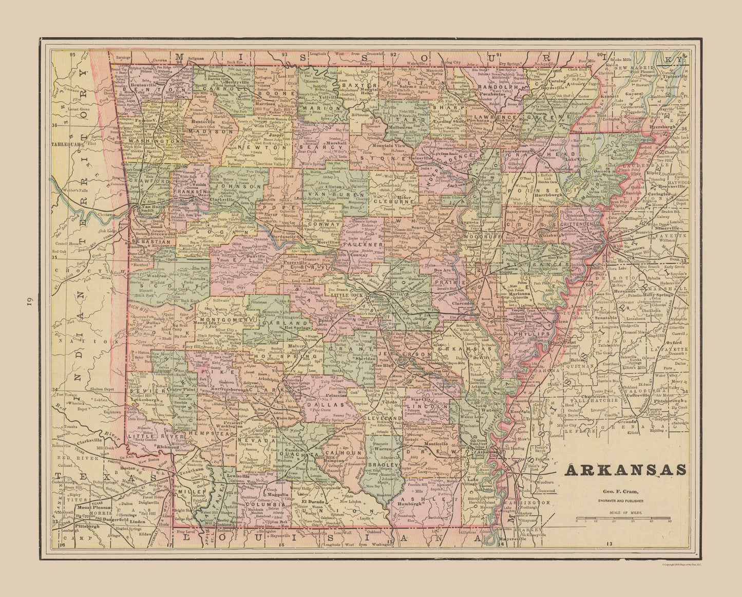 Historic State Map - Arkansas - Cram 1892 - 28.60 x 23 - Vintage Wall Art