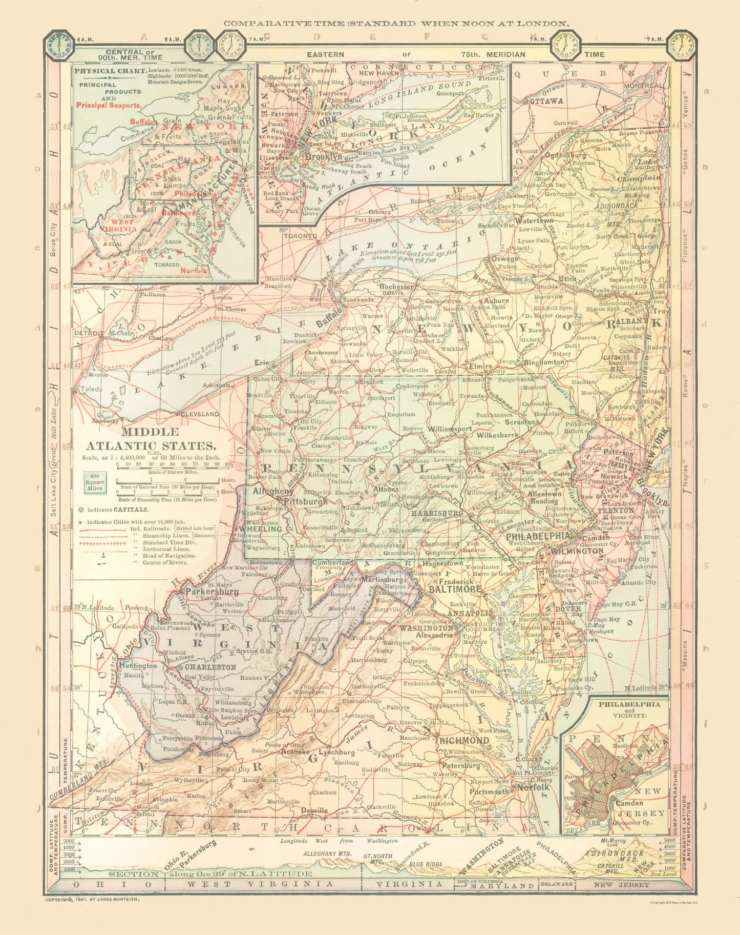 Historic State Map - Middle Atlantic States - Monteith 1882 - 23 x 29.05 - Vintage Wall Art