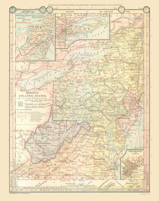 Historic State Map - Middle Atlantic States - Monteith 1882 - 23 x 29.05 - Vintage Wall Art