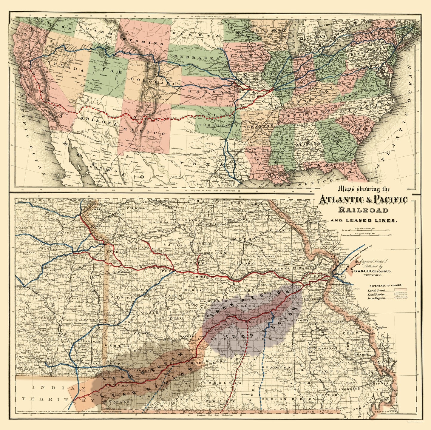 Railroad Map - Atlantic and Pacific Railroad - Colton 1873 - 23 x 23.07 - Vintage Wall Art