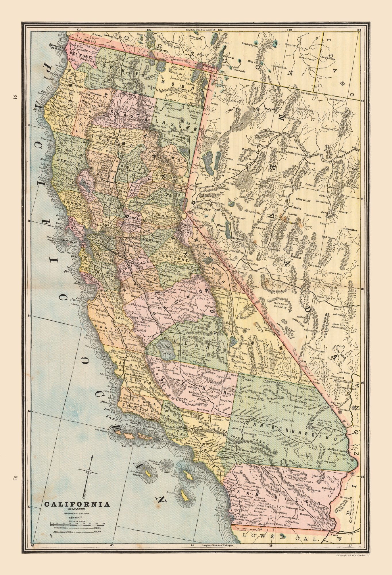 Historic State Map - California - Cram 1888 - 23 x 33.73 - Vintage Wall Art