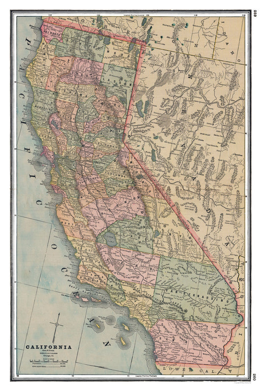 Historic State Map - California - Johnson 1888 - 23 x 34.41 - Vintage Wall Art