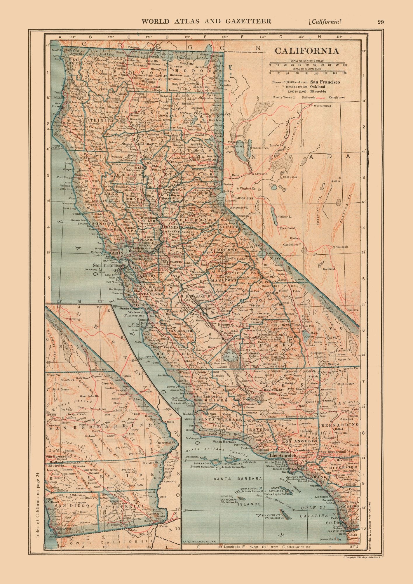 Historic State Map - California - Reynold 1921 - 23 x 32.51 - Vintage Wall Art