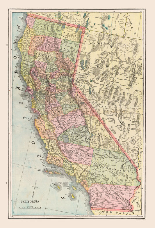 Historic State Map - California - Cram 1892 - 23 x 33.74 - Vintage Wall Art