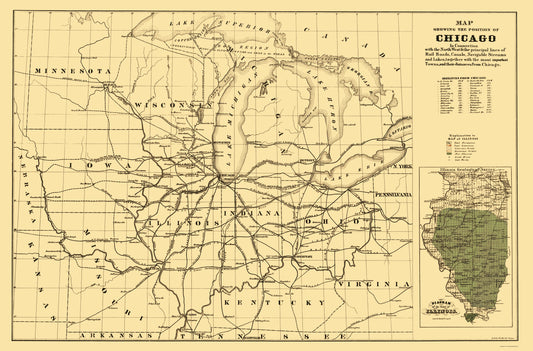 Railroad Map - Chicago Railroads - Mendel 1850 - 23 x 34.91 - Vintage Wall Art