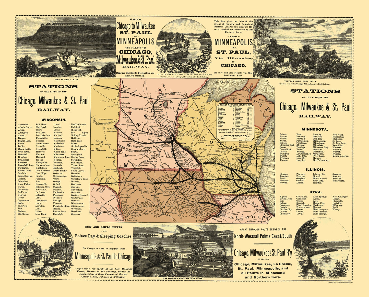 Railroad Map - Chicago Milwaukee St Paul Railway Stations - Rand McNally 1874 - 23 x 28 - Vintage Wall Art