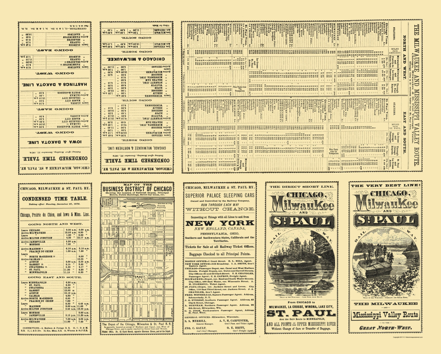 Railroad Map - Chicago Milwaukee St Paul Railway Timetable - Rand McNally 1874 - 23 x 28 - Vintage Wall Art