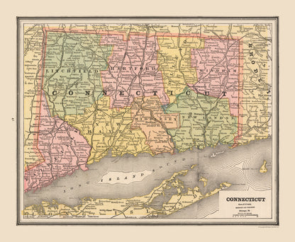 Historic State Map - Connecticut - Cram 1888 - 27.94 x 23 - Vintage Wall Art