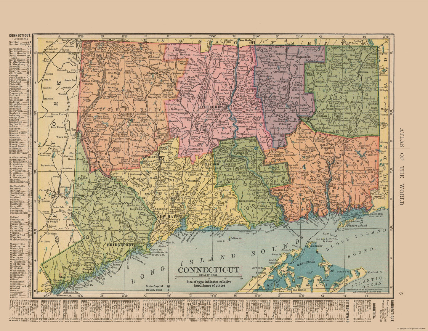 Historic State Map - Connecticut - Hammond 1910 - 29.72 x 23 - Vintage Wall Art