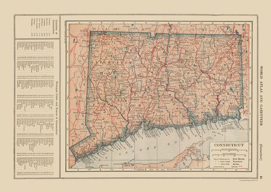 Historic State Map - Connecticut - Reynold 1921 - 32.49 x 23 - Vintage Wall Art