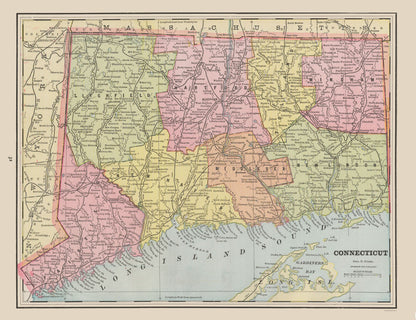 Historic State Map - Connecticut - Cram 1892 - 29.93 x 23 - Vintage Wall Art