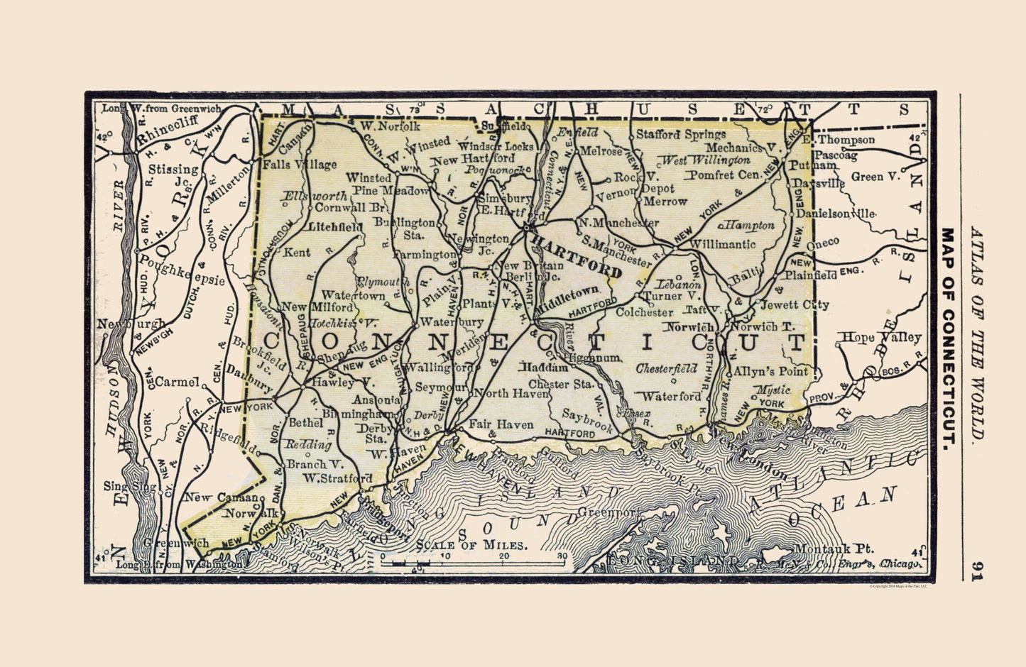 Historic State Map - Connecticut - Alden 1886 - 35.37 x 23 - Vintage Wall Art