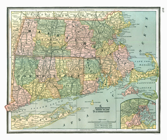 Historic State Map - Massachusetts Connecticut - Johnson 1888 - 27.28 x 23 - Vintage Wall Art