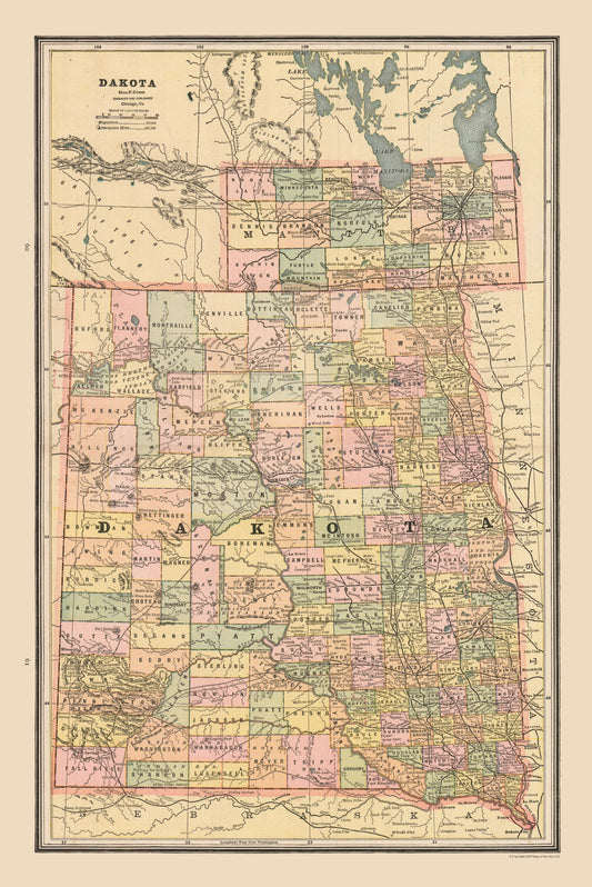 Historic State Map - Dakota Territory - Cram 1888 - 23 x 34.43 - Vintage Wall Art