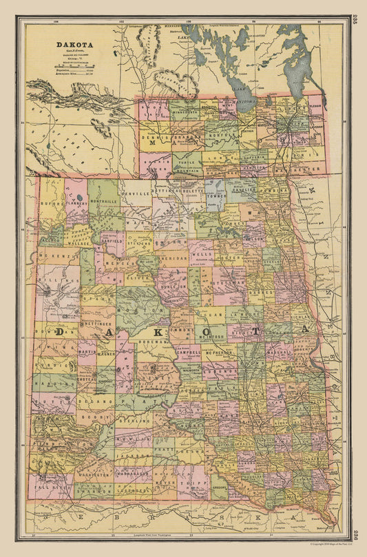 Historic State Map - Dakotas - Johnson 1888 - 23 x 34.89 - Vintage Wall Art