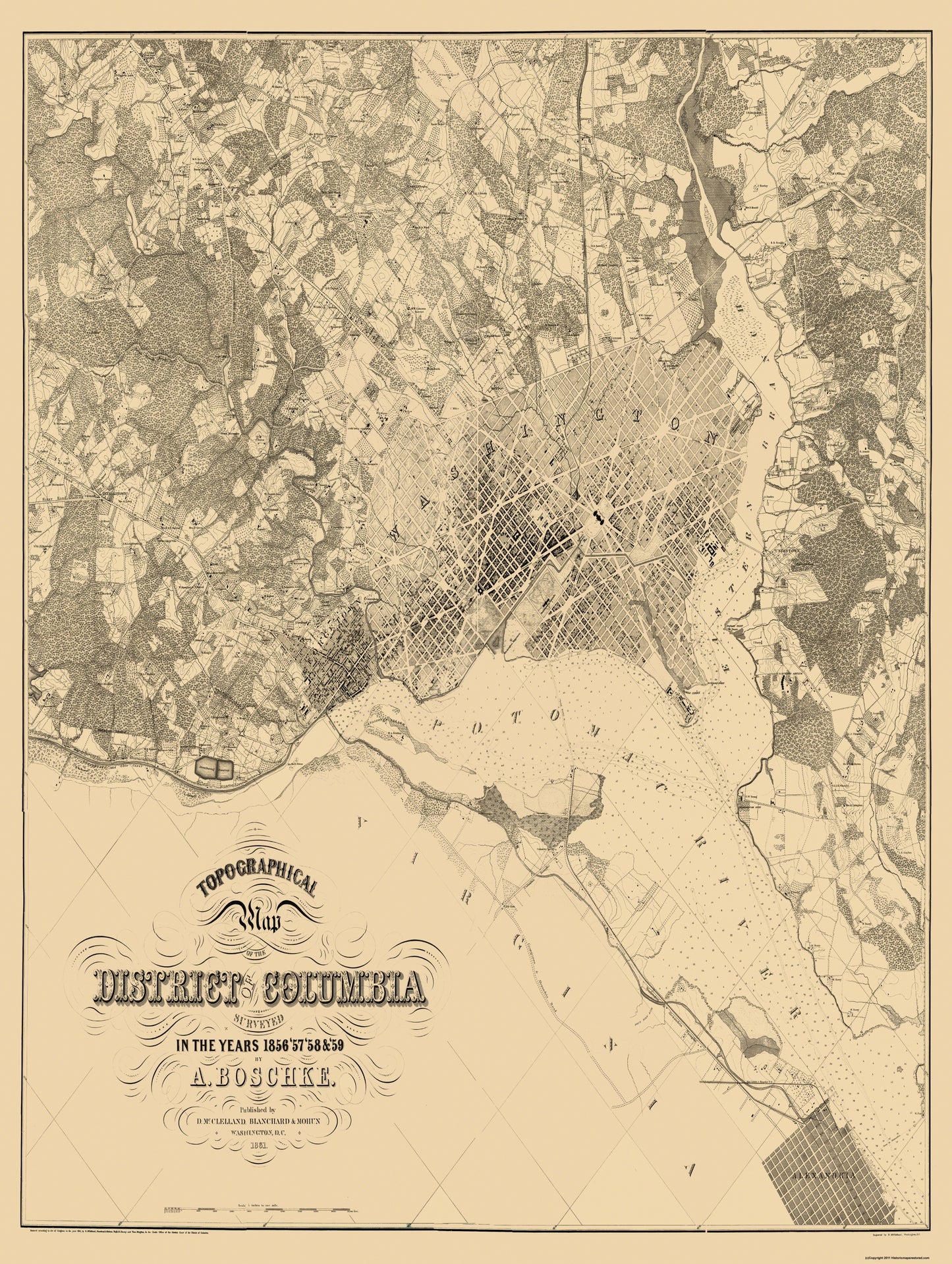 Topographical Map - Washington DC Maryland - Boschke 1861 - 23 x 30.5 - Vintage Wall Art