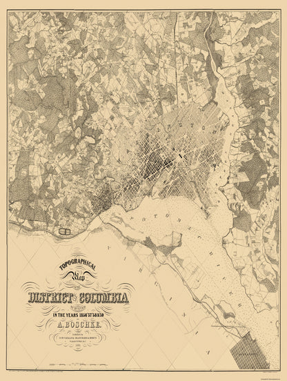 Topographical Map - Washington DC Maryland - Boschke 1861 - 23 x 30.5 - Vintage Wall Art