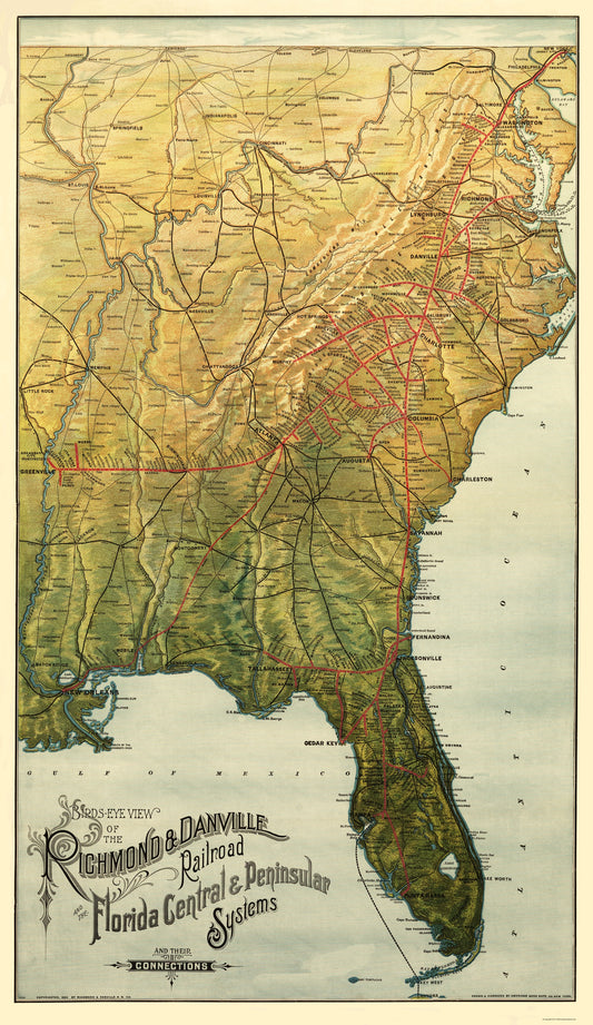 Railroad Map - Richmond and Danville Railroad - 1893 - 23 x 39 - Vintage Wall Art