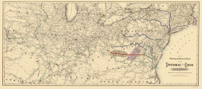 Railroad Map - Potomac and Ohio Railway Projected Route - Colton 1874 - 23 x 51.68 - Vintage Wall Art
