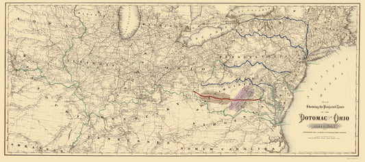 Railroad Map - Potomac and Ohio Railway Projected Route - Colton 1874 - Vintage Wall Art