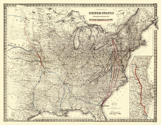 Railroad Map - Fort Scott Topeka and Lincoln Railroad - Colton 1883 - 23 x 29.68 - Vintage Wall Art