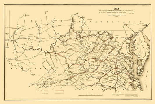 Railroad Map - Tide Water Virginia Ohio River Proposed - Vaisz 1852 - 23 x 34.09 - Vintage Wall Art