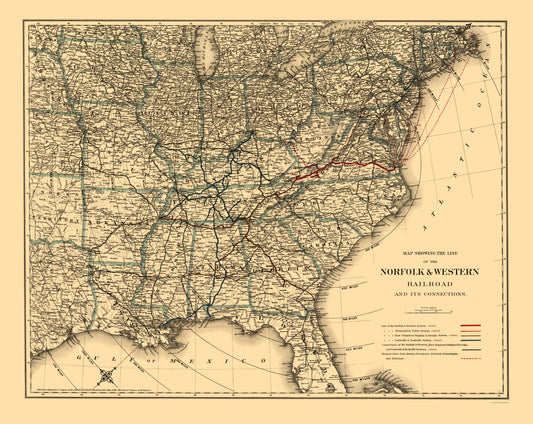 Railroad Map - Norfolk and Western Railroad - Colton 1887 - 23 x 28.94 - Vintage Wall Art