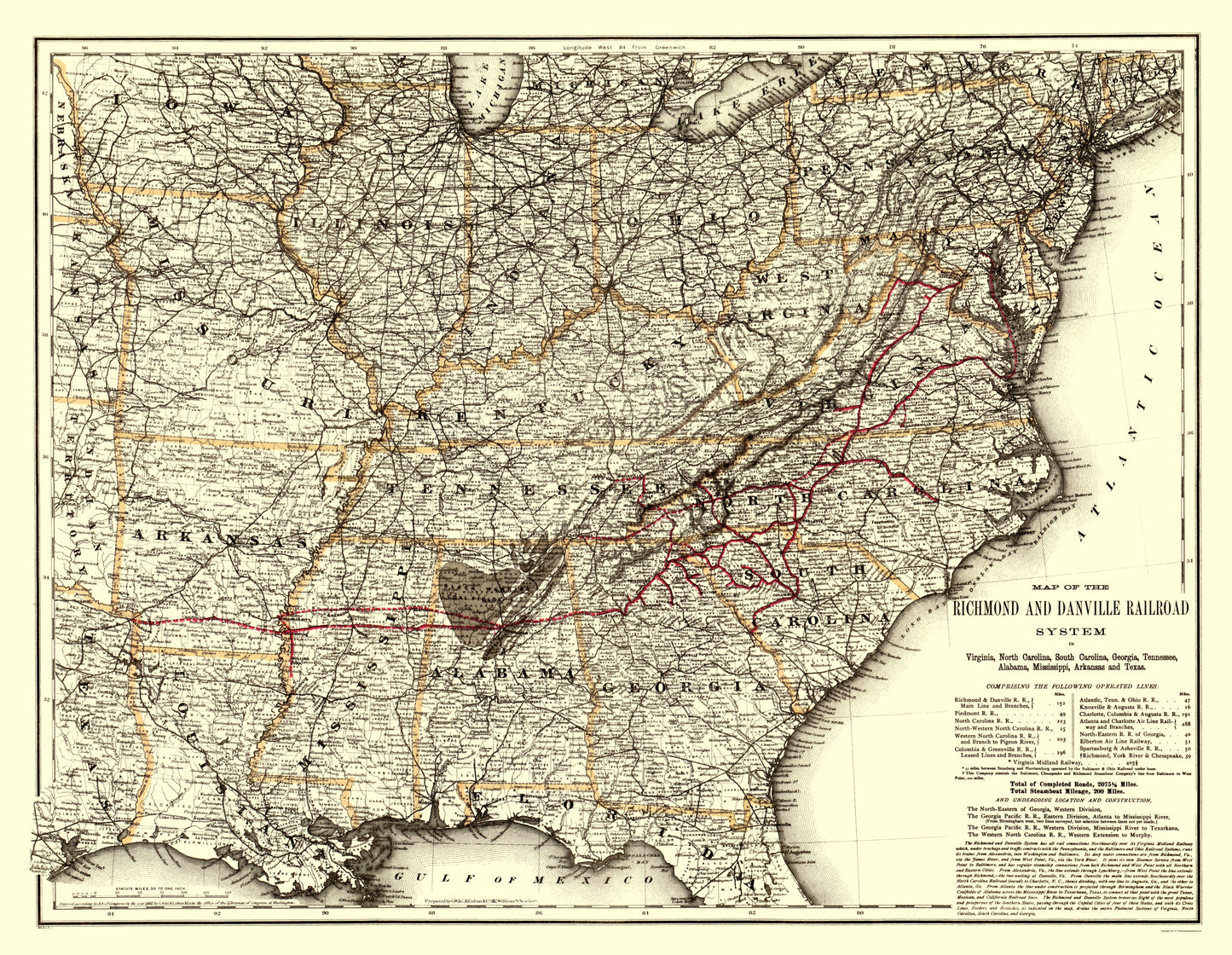 Railroad Map - Richmond and Danville Railroad - Colton 1881 - 23 x 29.67 - Vintage Wall Art