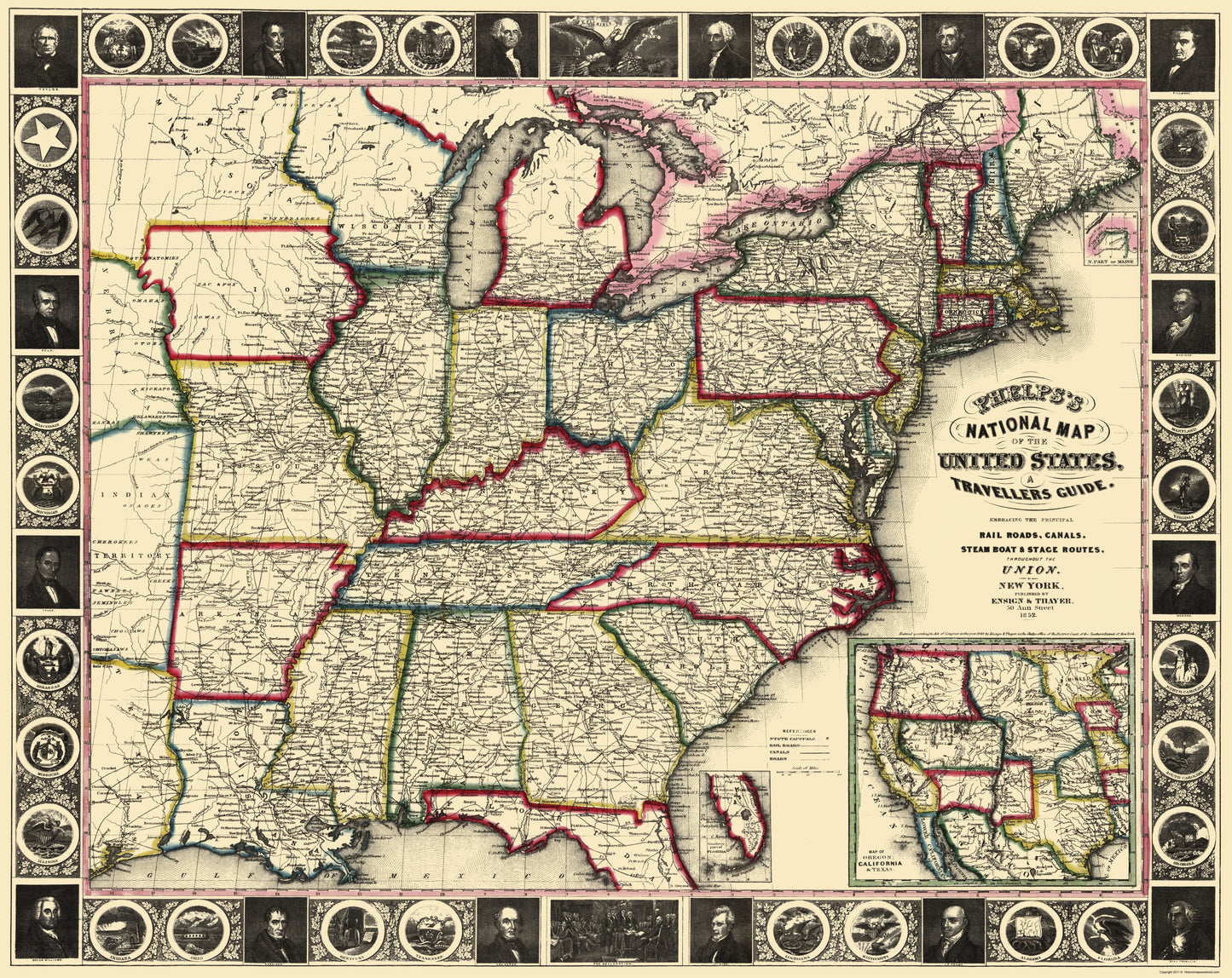 Historic State Map - United States Eastern Travellers Guide - Phelps 1852 - 23 x 28 - Vintage Wall Art