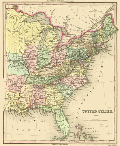 Historic State Map - United States Eastern - Tanner 1835 - 23 x 28 - Vintage Wall Art