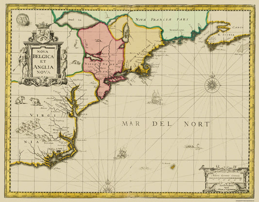 Historic State Map - New England to Virginia, Nova Belgica - Valk 1636 - 29.38 x 23 - Vintage Wall Art