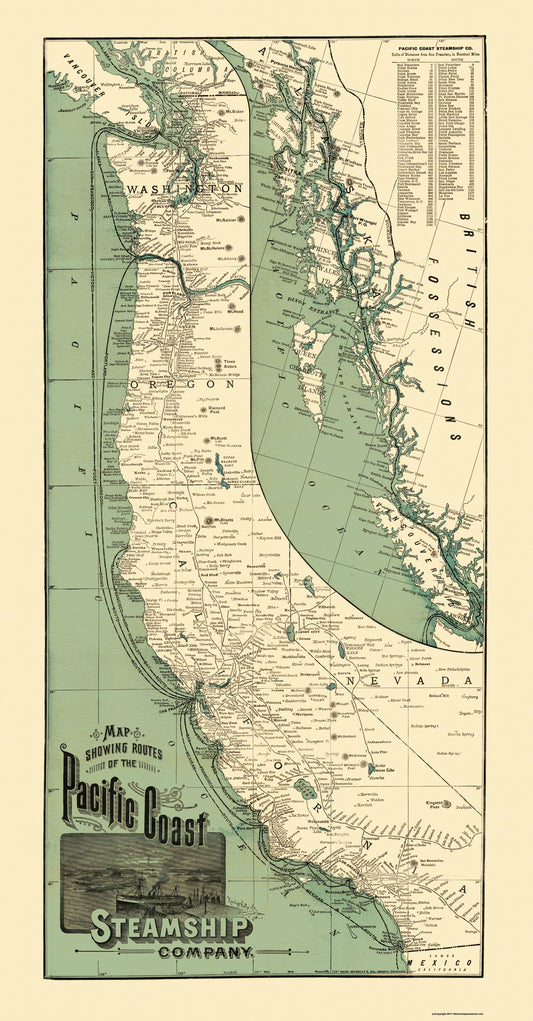 Railroad Map - Pacific Coast Steamship Company Routes - Rand McNally 1896 - 23 x 44 - Vintage Wall Art