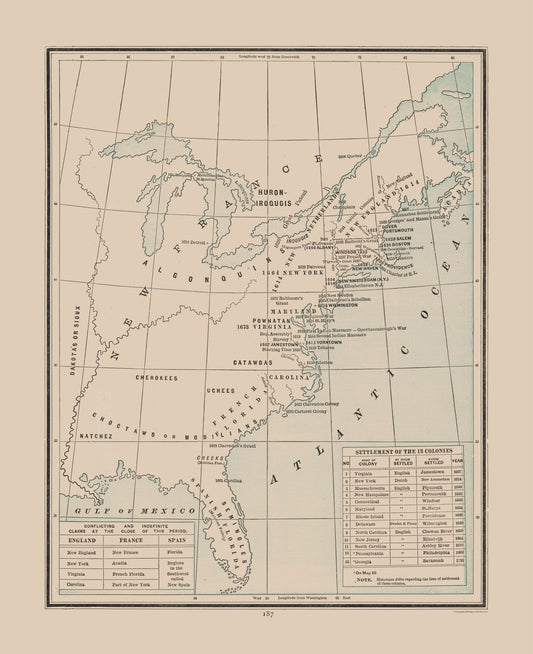 Historic State Map - Colonial Indian Nations - Cram 1892 - 23 x 28.23 - Vintage Wall Art