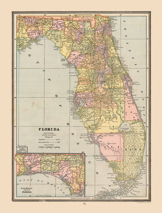 Historic State Map - Florida - Cram 1888 - 23 x 30.30 - Vintage Wall Art