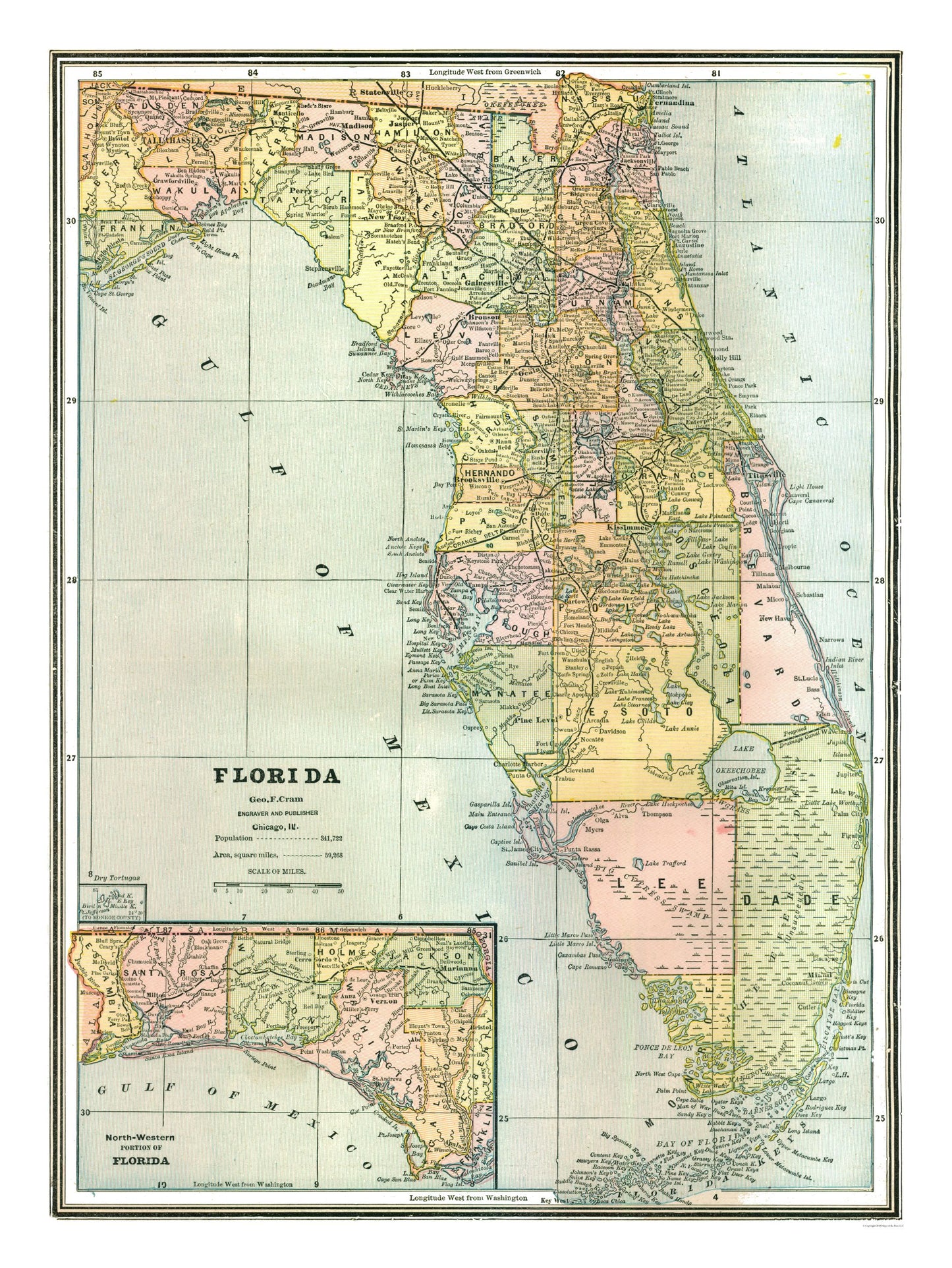 Historic State Map - Florida - Johnson 1888 - 23 x 30.62 - Vintage Wall Art