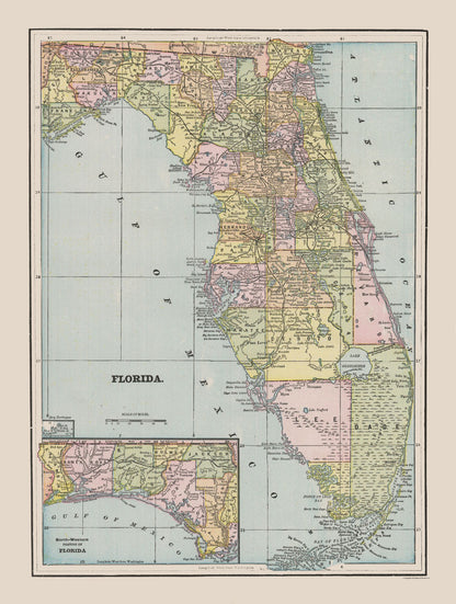 Historic State Map - Florida - Cram 1892 - 23 x 30.48 - Vintage Wall Art