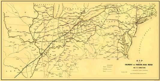 Railroad Map - Fremont and Indiana Railroad - Arthur 1858 - 23 x 45.62 - Vintage Wall Art