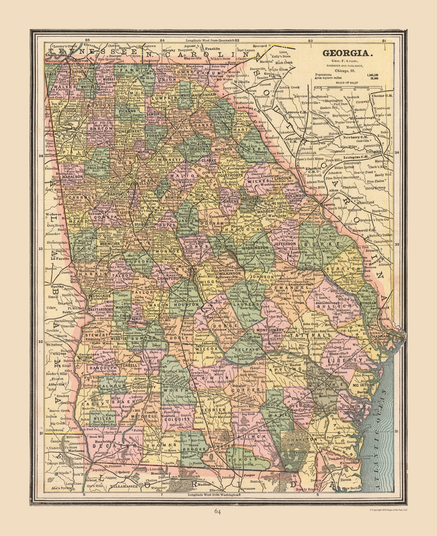 Historic State Map - Georgia- Cram 1888 - 23 x 28.17 - Vintage Wall Art