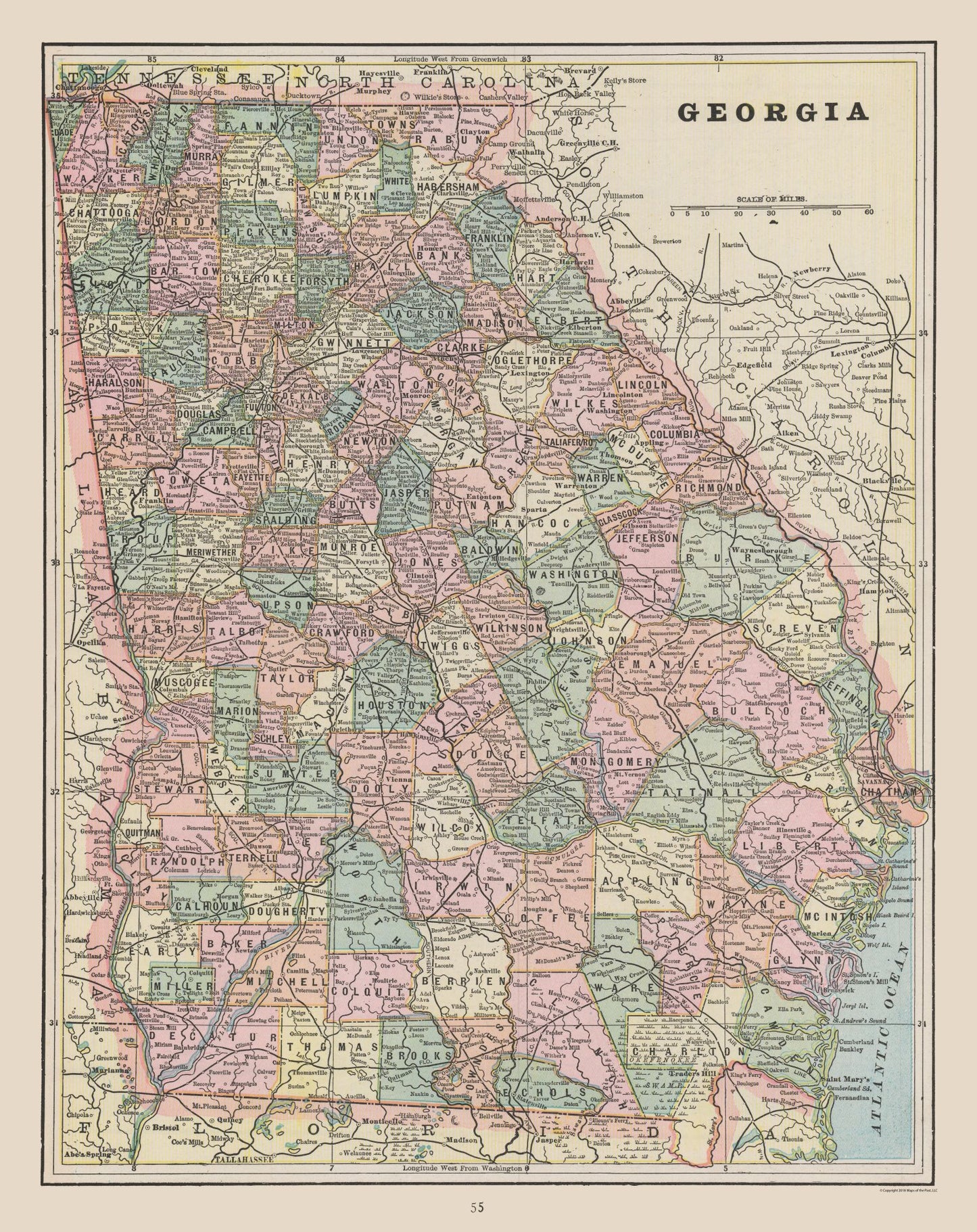 Historic State Map - Georgia - Cram 1892 - 23 x 28.99 - Vintage Wall Art