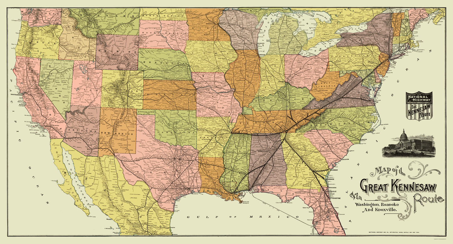 Railroad Map - Great Kennesaw Railroad Route - Matthews 1890 - 23 x 42.70 - Vintage Wall Art