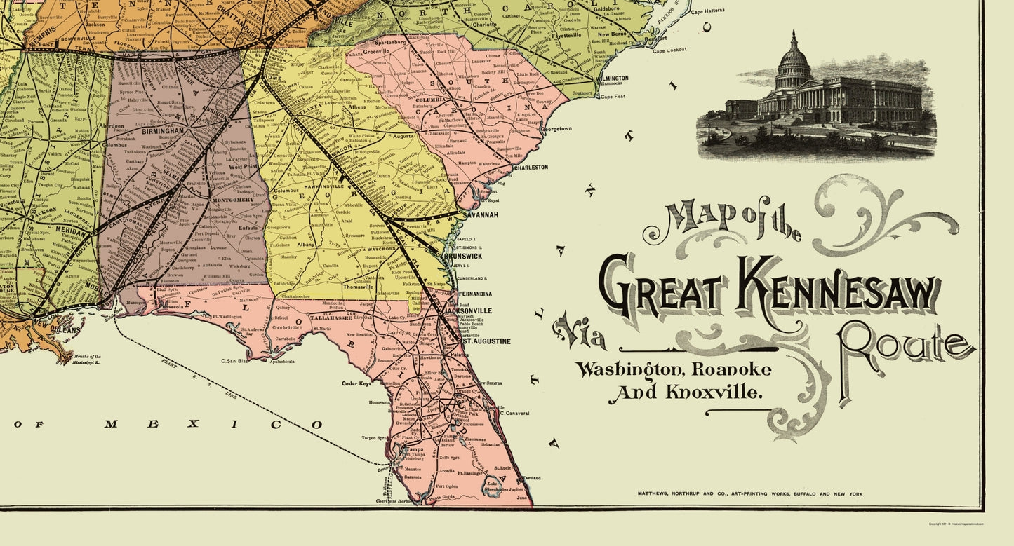 Railroad Map - Great Kennesaw Railroad Route - Matthews 1890 - 23 x 42.70 - Vintage Wall Art