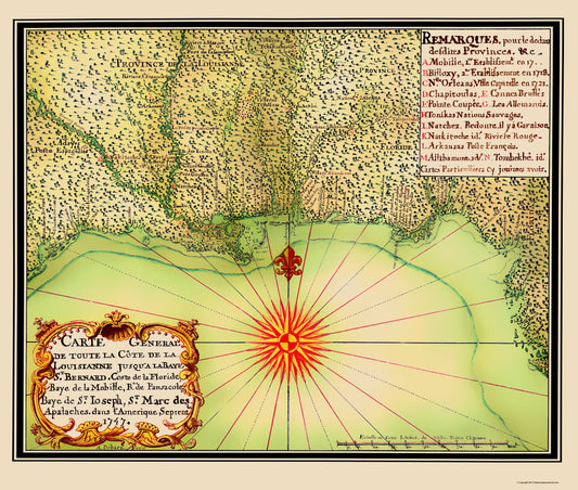 Historic State Map - United States Gulf Coast - de Batz 1747 - 23 x 27.11 - Vintage Wall Art