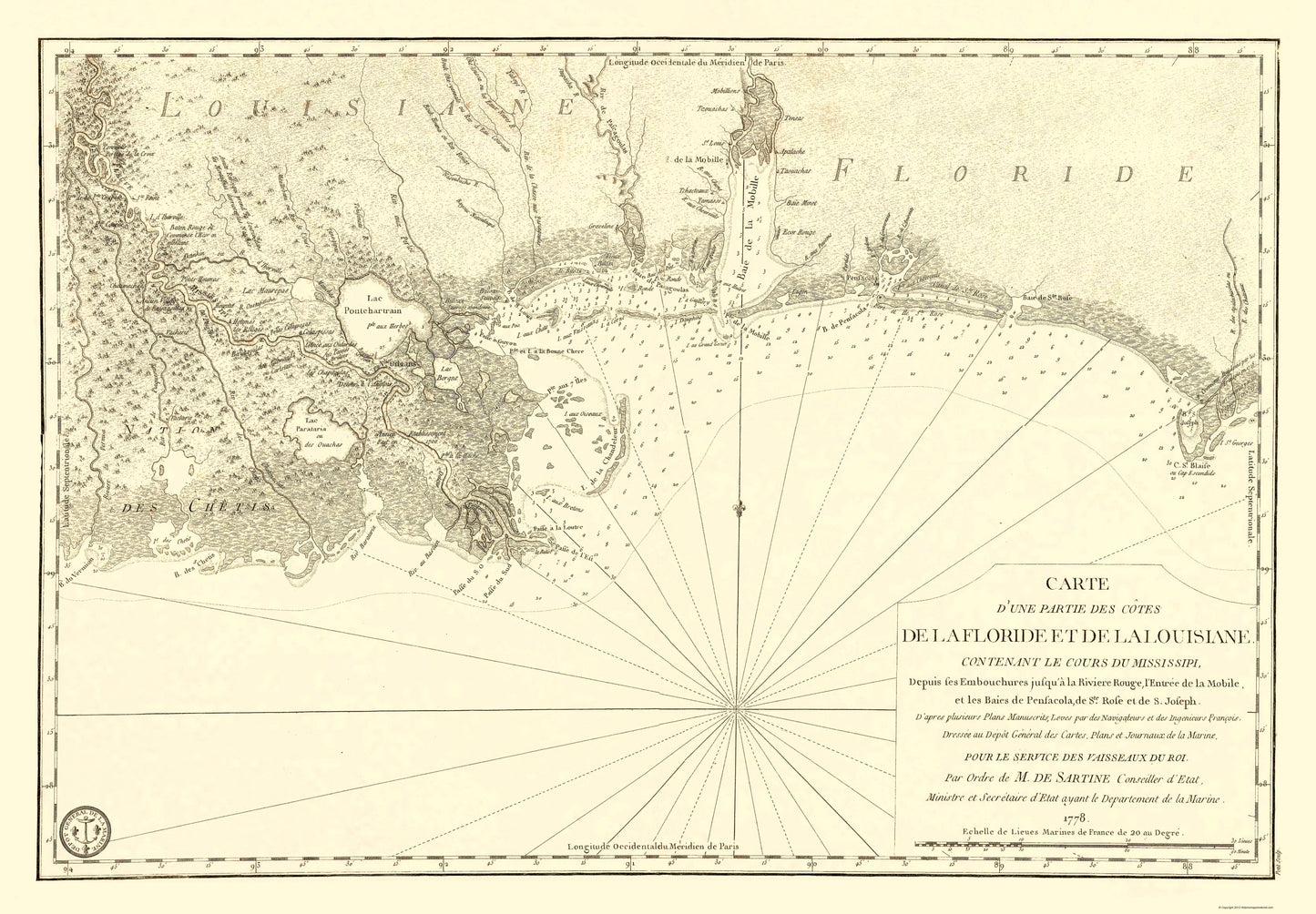 Historic Nautical Map - Florida Louisiana Gulf Coast - Sartine 1778 - 23 x 33.11 - Vintage Wall Art