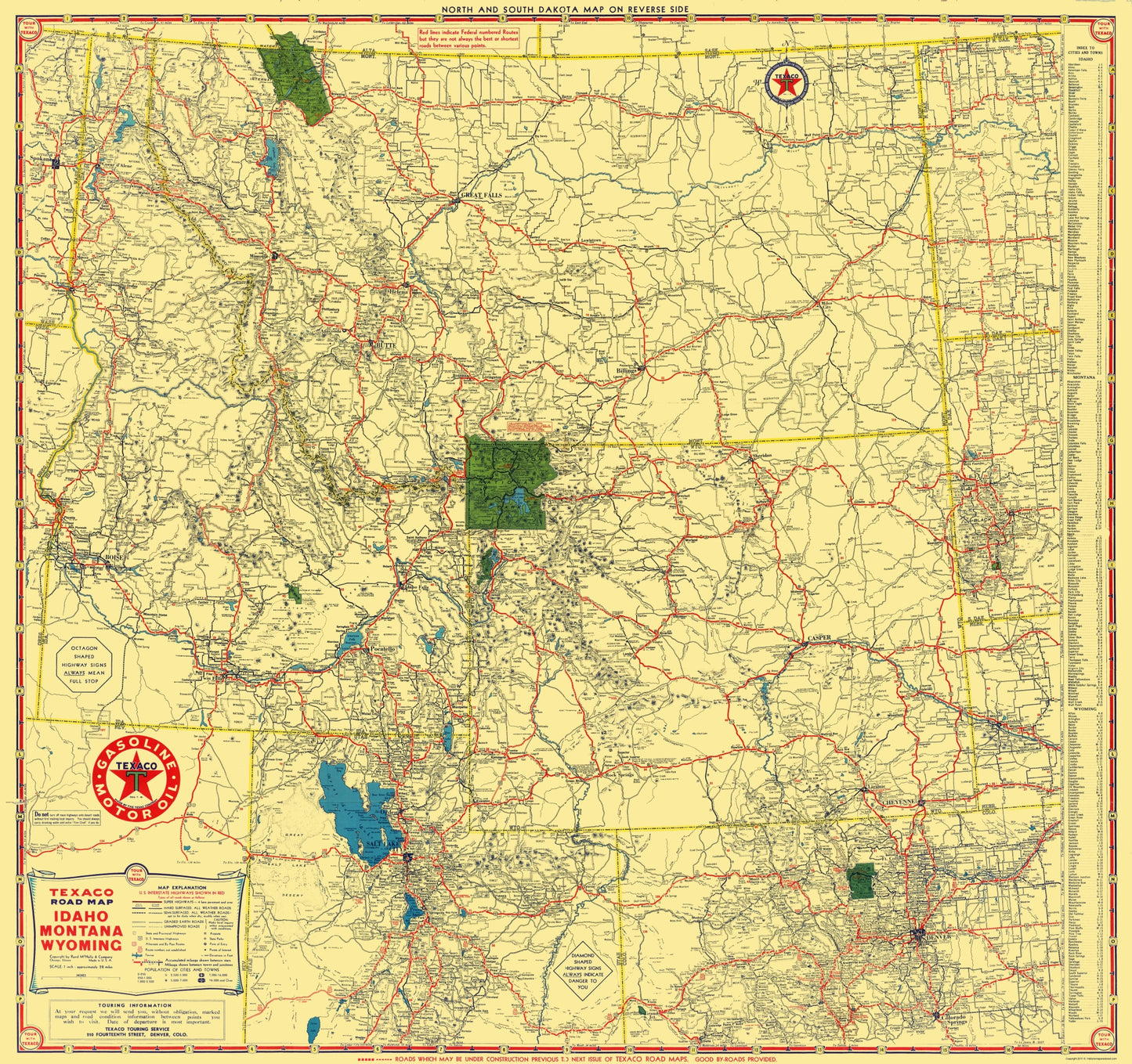 Historic State Map - Idaho Montana Wyoming - Rand McNally 1937 - 23 x 24. - Vintage Wall Art