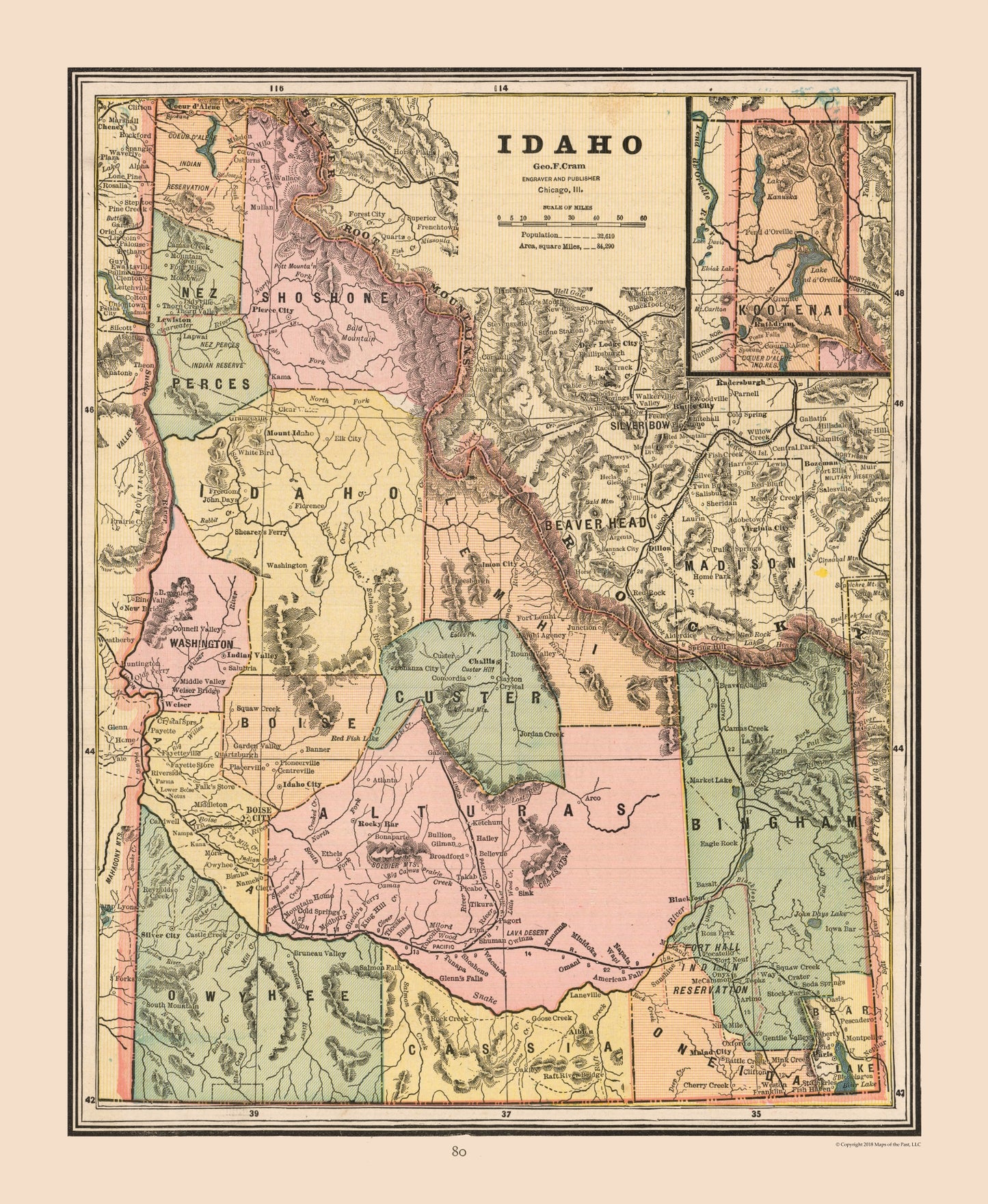 Historic State Map - Idaho - Cram 1888 - 23 x 28.01 - Vintage Wall Art