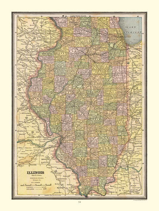 Historic State Map - Illinois - Cram 1888 - 23 x 30.57 - Vintage Wall Art